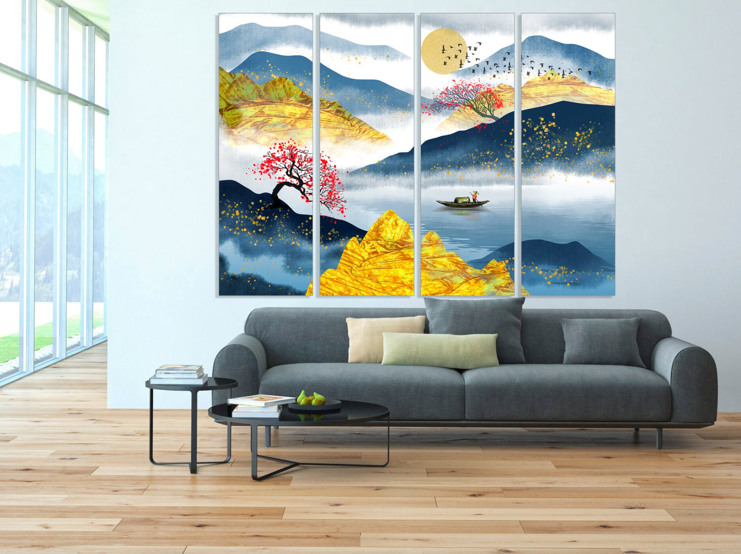 Bergsee Dekor Home Wanddekoration Leinwandgemälde Felsen und Berge Dünne blaue Linie Boot Holz Sakura Blüten Filzboot