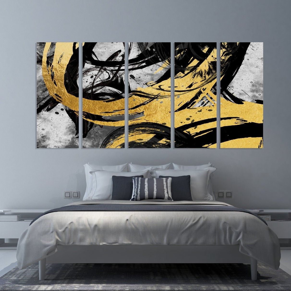 Übergroße gelbe und schwarze Wandkunst, abstrakte Wandkunst, blaue und goldene Wandkunst, abstraktes Gemälde, extra große Leinwand-Wandkunst