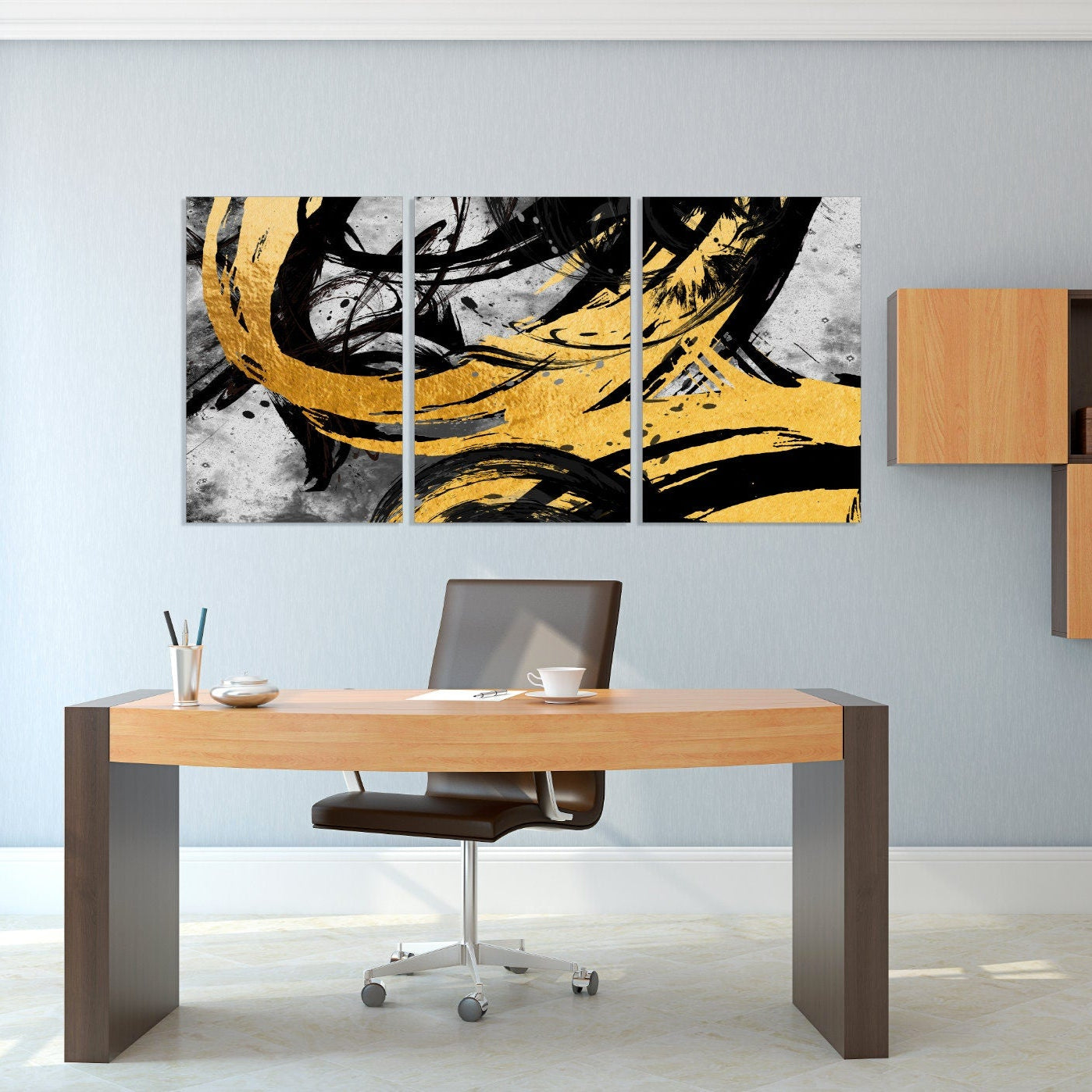 Übergroße gelbe und schwarze Wandkunst, abstrakte Wandkunst, blaue und goldene Wandkunst, abstraktes Gemälde, extra große Leinwand-Wandkunst