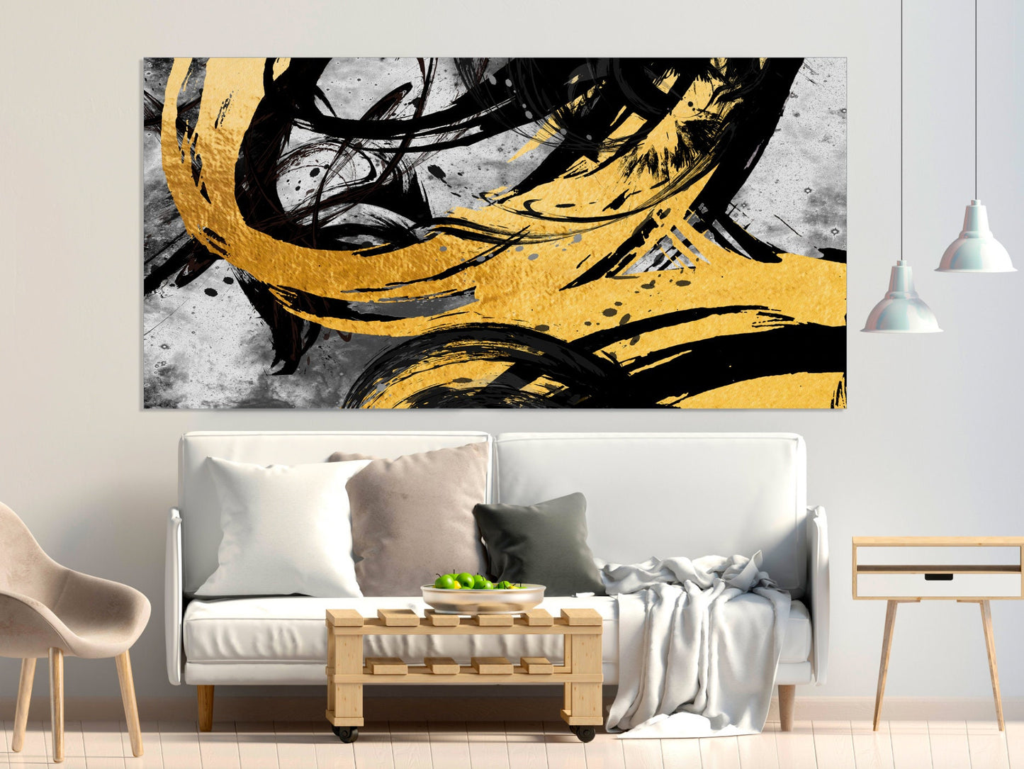 Übergroße gelbe und schwarze Wandkunst, abstrakte Wandkunst, blaue und goldene Wandkunst, abstraktes Gemälde, extra große Leinwand-Wandkunst