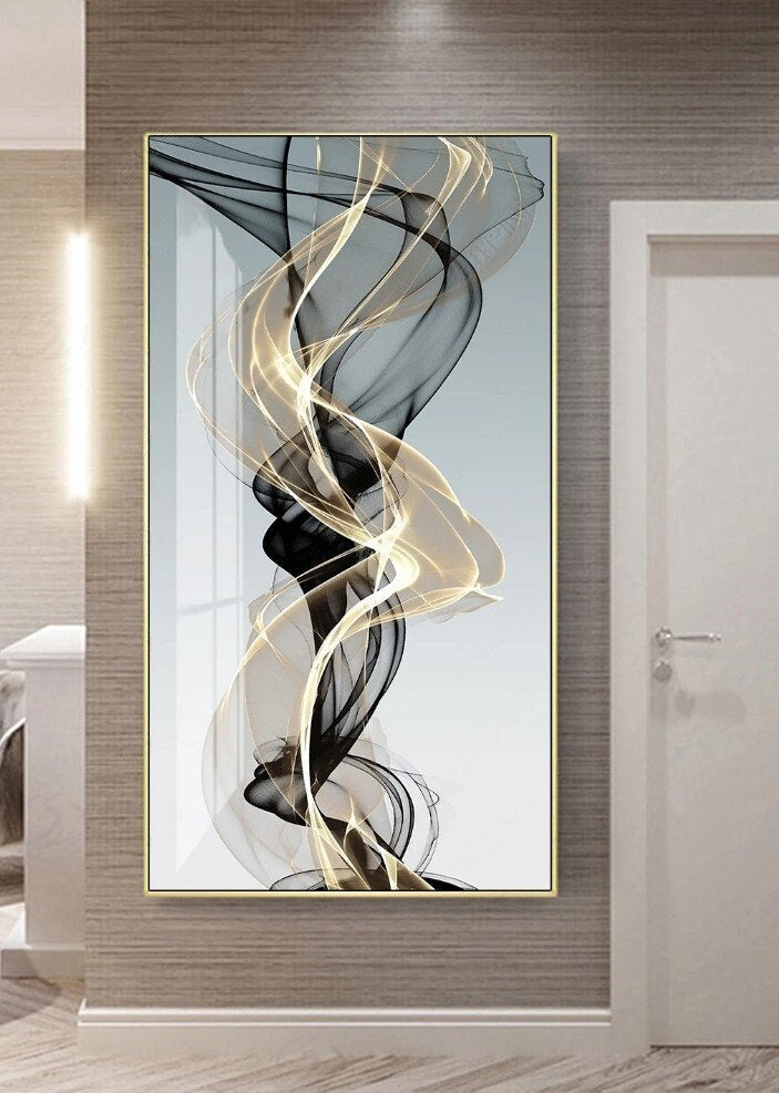 Abstraktes Wandkunstbild auf Leinwand im Goldrahmen, vertikales Gemälde in Schwarz und Gold, großer schwebender Rahmen, Wandkunst fürs Schlafzimmer, extra großer Wandkunstdruck