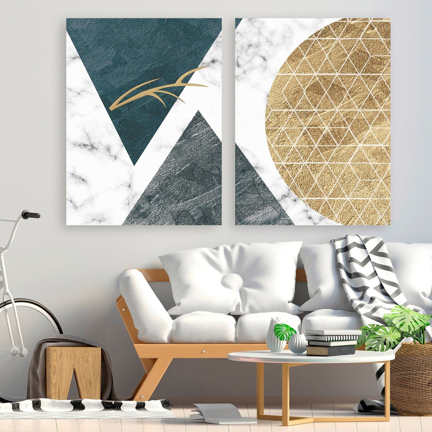 Mehrteilige Wandkunst auf Leinwand in Grau und Gold, geometrische abstrakte Wandkunst zum Ausdrucken, trendiges 3er-Set mit Dreiecken und Kreisen