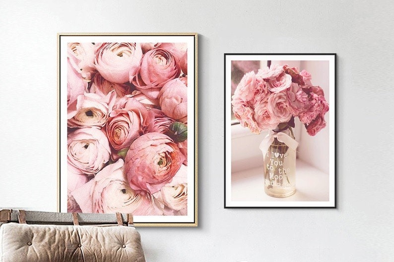 Dreier-Set mit floralen Wandkunstdrucken im schwebenden Rahmen, modernes gerahmtes Blumenkunstwerk, Leinwanddruck mit Bink-Blumen, inspirierende Wandkunst