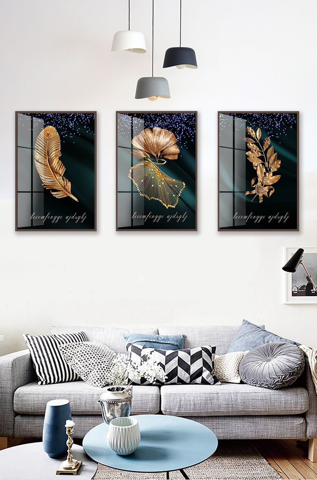 3er-Set botanische Wanddrucke, Leinwandkunst mit goldenen Pflanzen im schwebenden Rahmen, modische Wandkunst auf Leinwand in Gold, gerahmte druckbare Kunstwerke mit goldenen Blättern