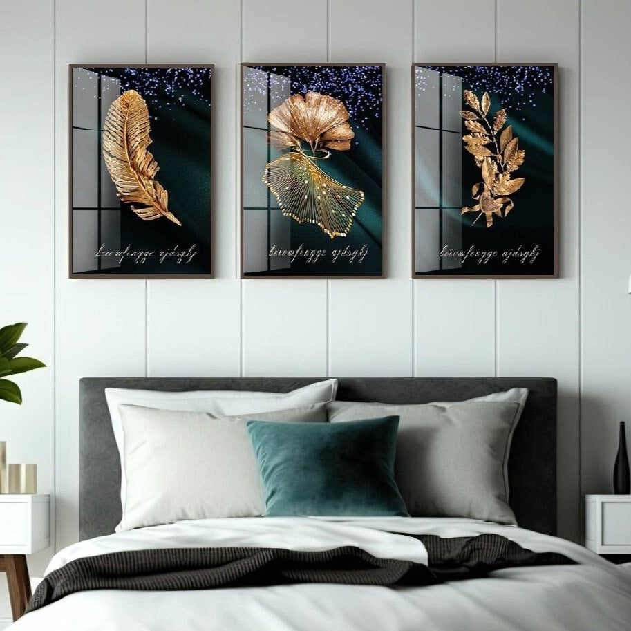 3er-Set botanische Wanddrucke, Leinwandkunst mit goldenen Pflanzen im schwebenden Rahmen, modische Wandkunst auf Leinwand in Gold, gerahmte druckbare Kunstwerke mit goldenen Blättern
