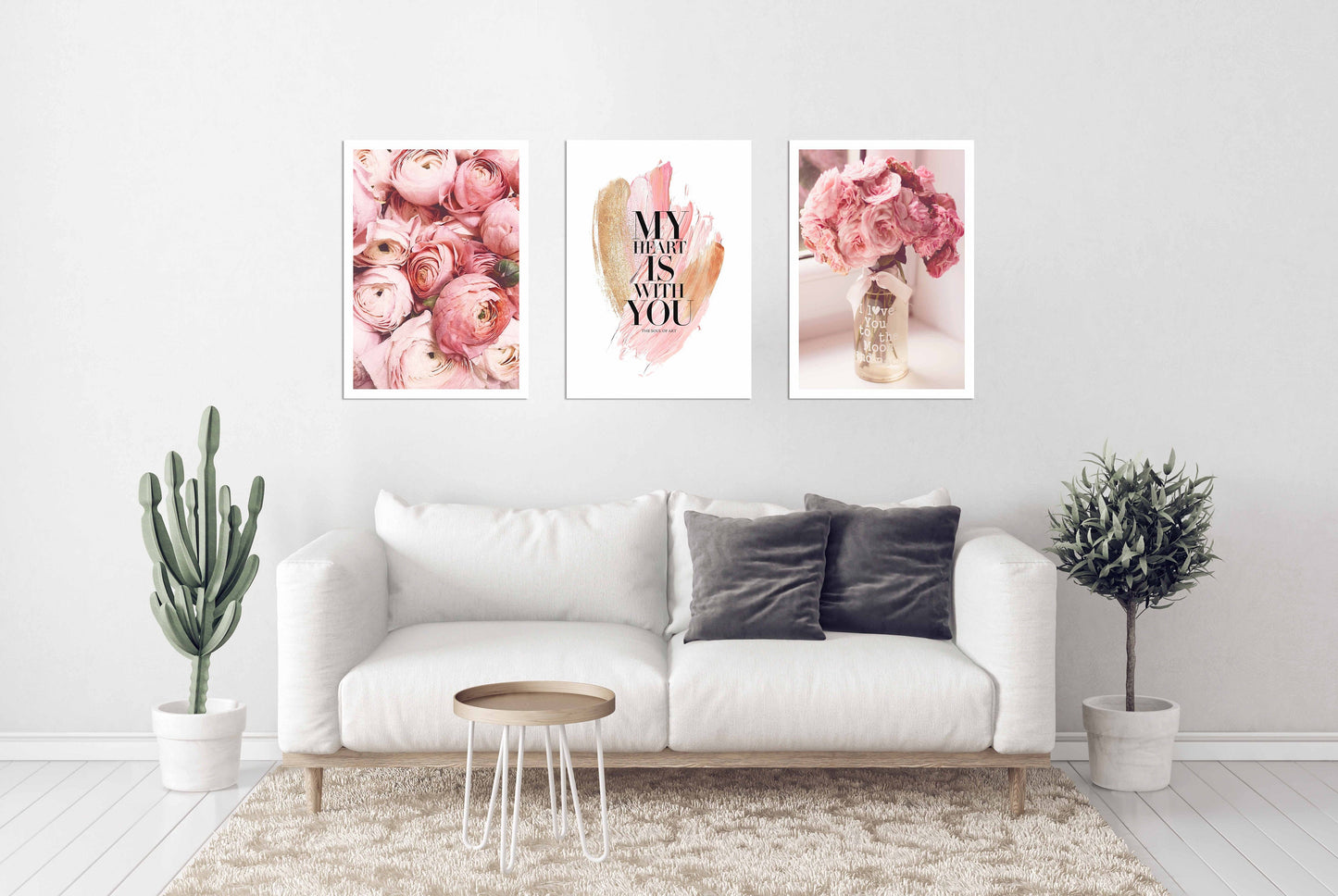 Dreier-Set mit floralen Wandkunstdrucken im schwebenden Rahmen, modernes gerahmtes Blumenkunstwerk, Leinwanddruck mit Bink-Blumen, inspirierende Wandkunst