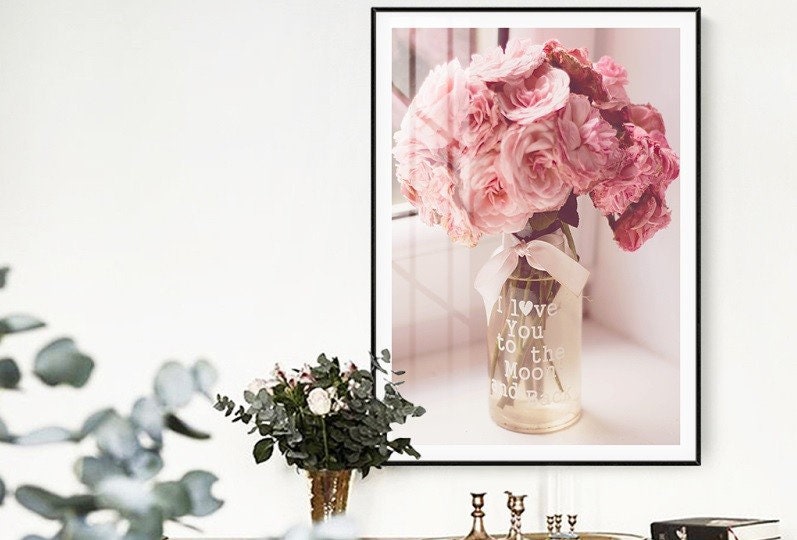 Dreier-Set mit floralen Wandkunstdrucken im schwebenden Rahmen, modernes gerahmtes Blumenkunstwerk, Leinwanddruck mit Bink-Blumen, inspirierende Wandkunst