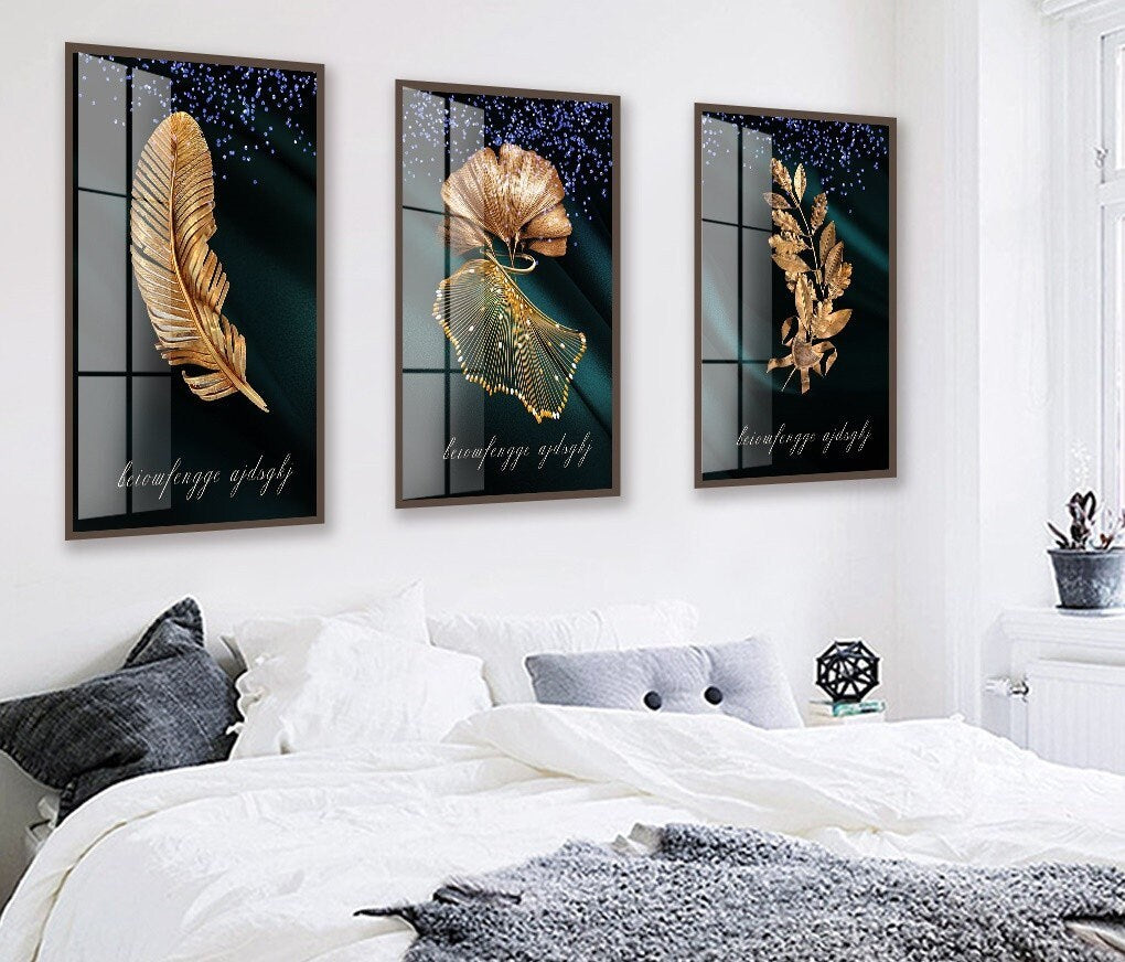 3er-Set botanische Wanddrucke, Leinwandkunst mit goldenen Pflanzen im schwebenden Rahmen, modische Wandkunst auf Leinwand in Gold, gerahmte druckbare Kunstwerke mit goldenen Blättern