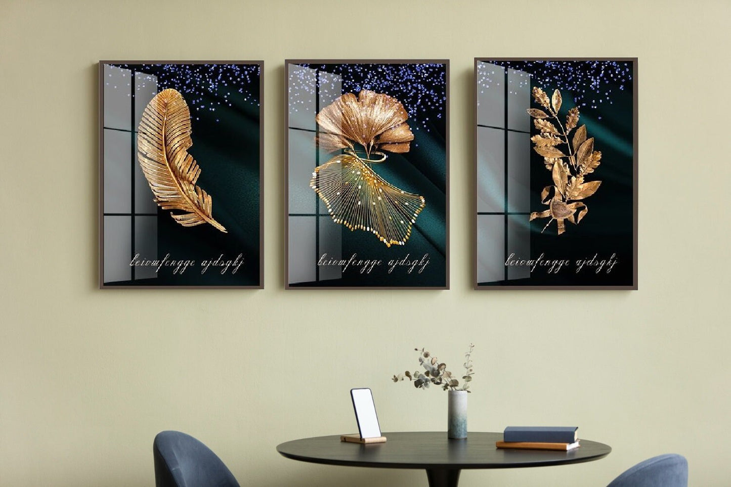 3er-Set botanische Wanddrucke, Leinwandkunst mit goldenen Pflanzen im schwebenden Rahmen, modische Wandkunst auf Leinwand in Gold, gerahmte druckbare Kunstwerke mit goldenen Blättern