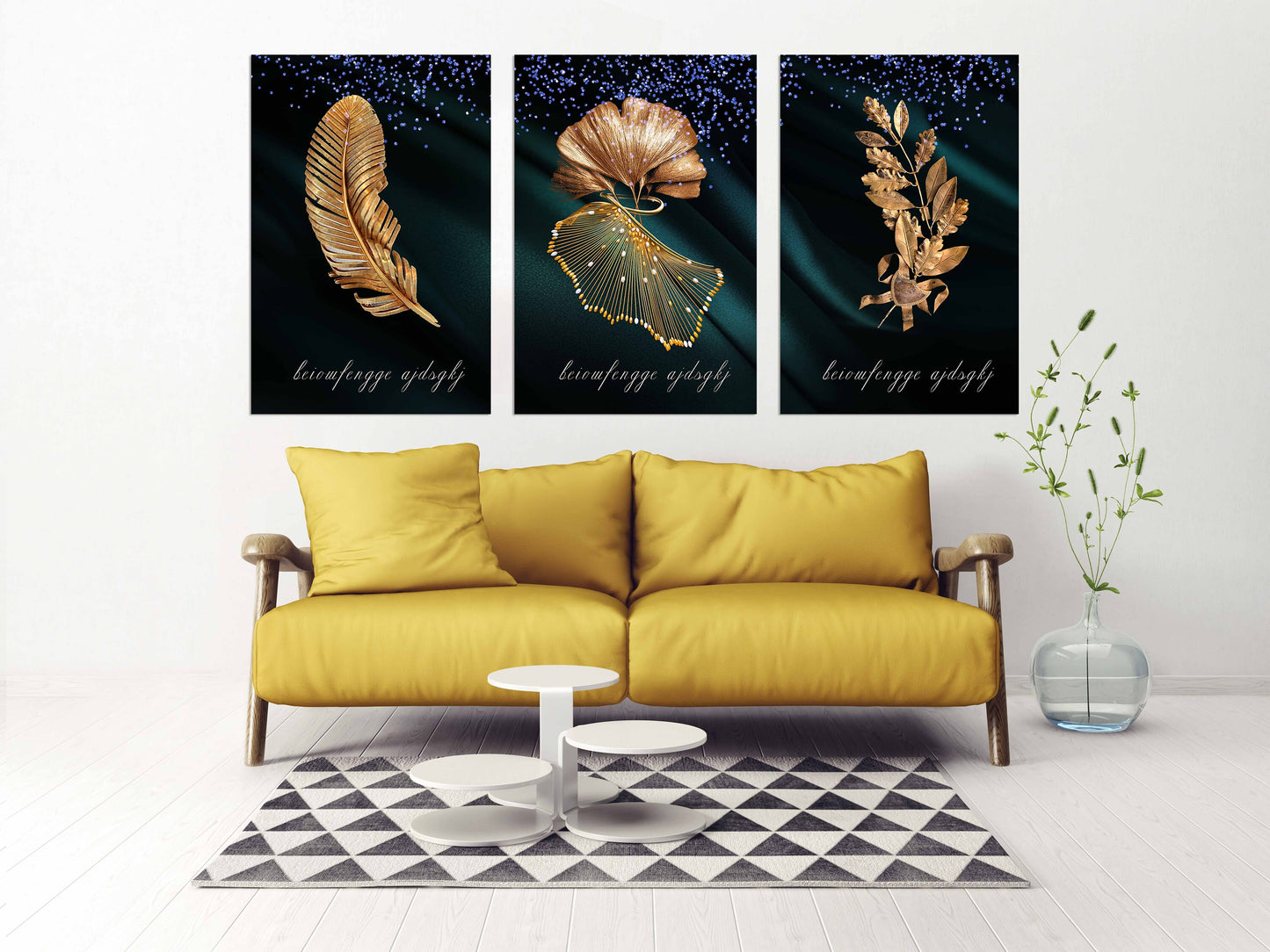 3er-Set botanische Wanddrucke, Leinwandkunst mit goldenen Pflanzen im schwebenden Rahmen, modische Wandkunst auf Leinwand in Gold, gerahmte druckbare Kunstwerke mit goldenen Blättern