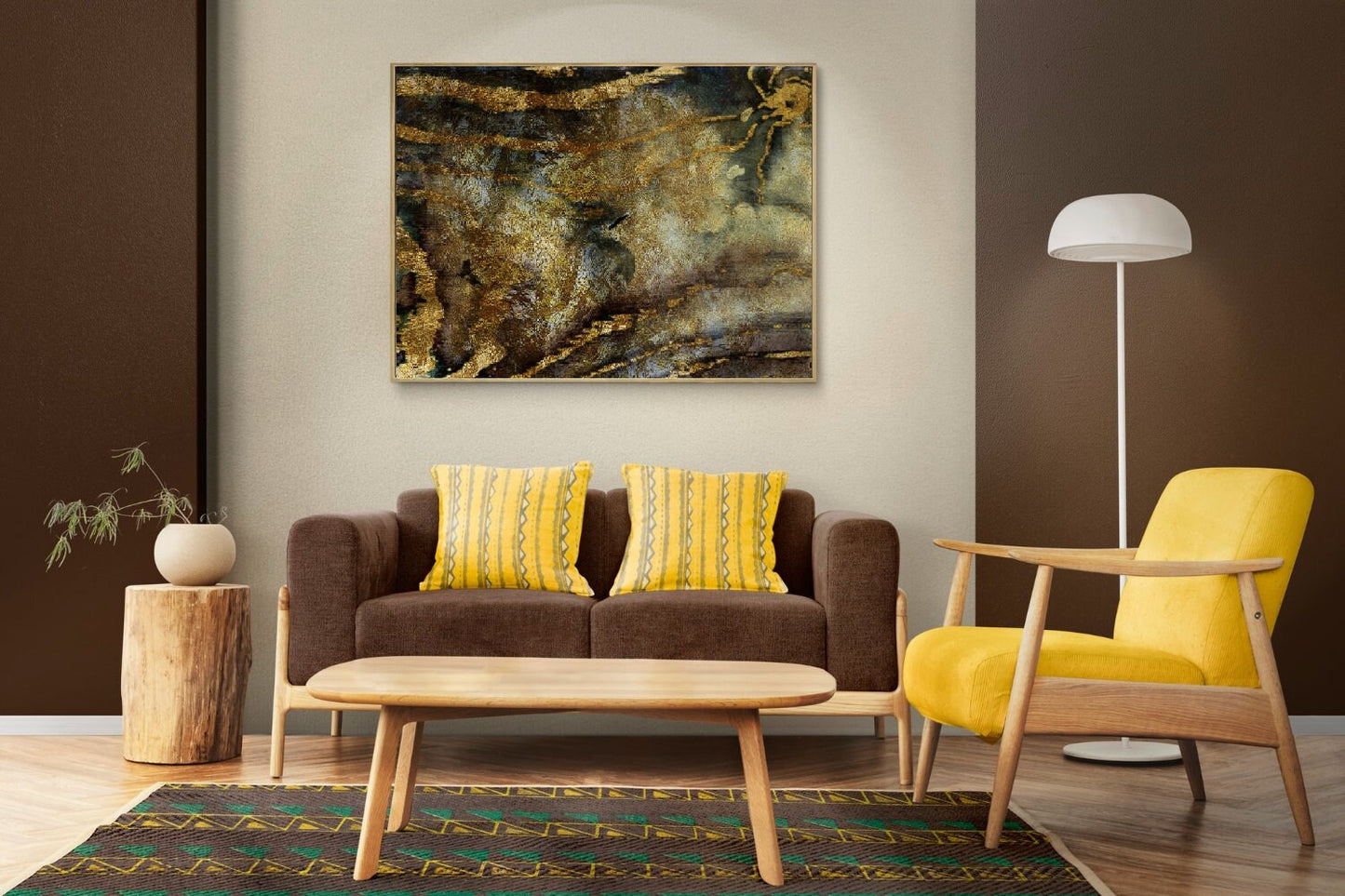 Abstract gold canvas print, extra large wall hanging decor, floater frame abstract wall art, minimalist print artwork in gold brown colors