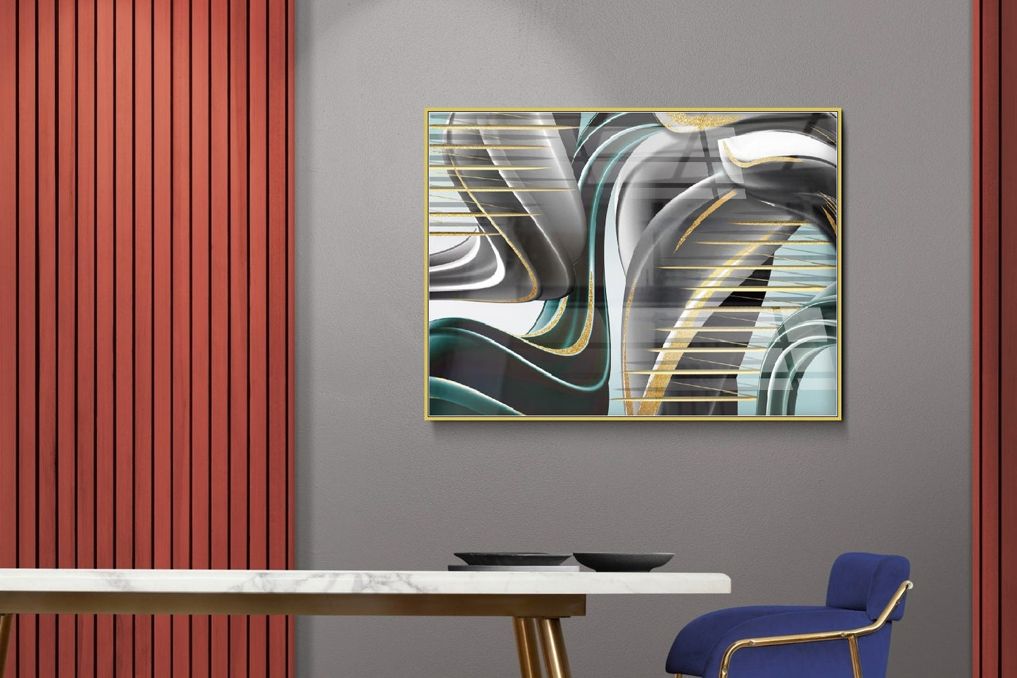Großes abstraktes gerahmtes Wandbild, schwarz-goldener Leinwanddruck, druckbares Kunstwerk im Floater-Rahmen mit Wellen und Streifen, Wandbild fürs Wohnzimmer