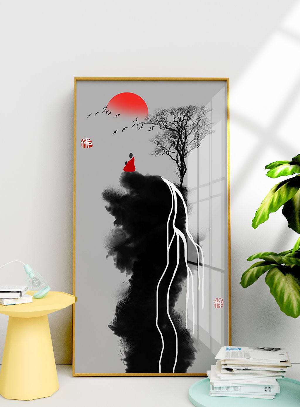 Abstrakte gerahmte Wandkunst, vertikaler Leinwanddruck, extra großer Floater-Rahmen zum Aufhängen an der Wand, druckbares Kunstwerk im asiatischen Stil für das Wohnzimmer