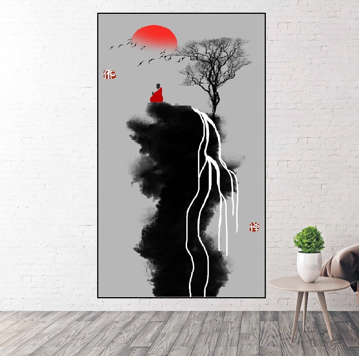 Abstrakte gerahmte Wandkunst, vertikaler Leinwanddruck, extra großer Floater-Rahmen zum Aufhängen an der Wand, druckbares Kunstwerk im asiatischen Stil für das Wohnzimmer