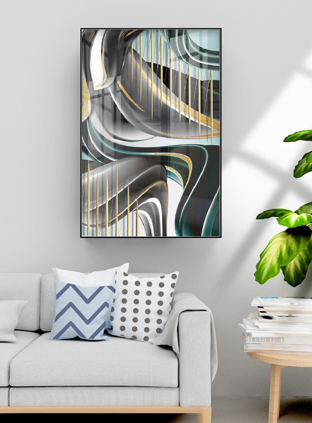 Großes abstraktes gerahmtes Wandbild, schwarz-goldener Leinwanddruck, druckbares Kunstwerk im Floater-Rahmen mit Wellen und Streifen, Wandbild fürs Wohnzimmer
