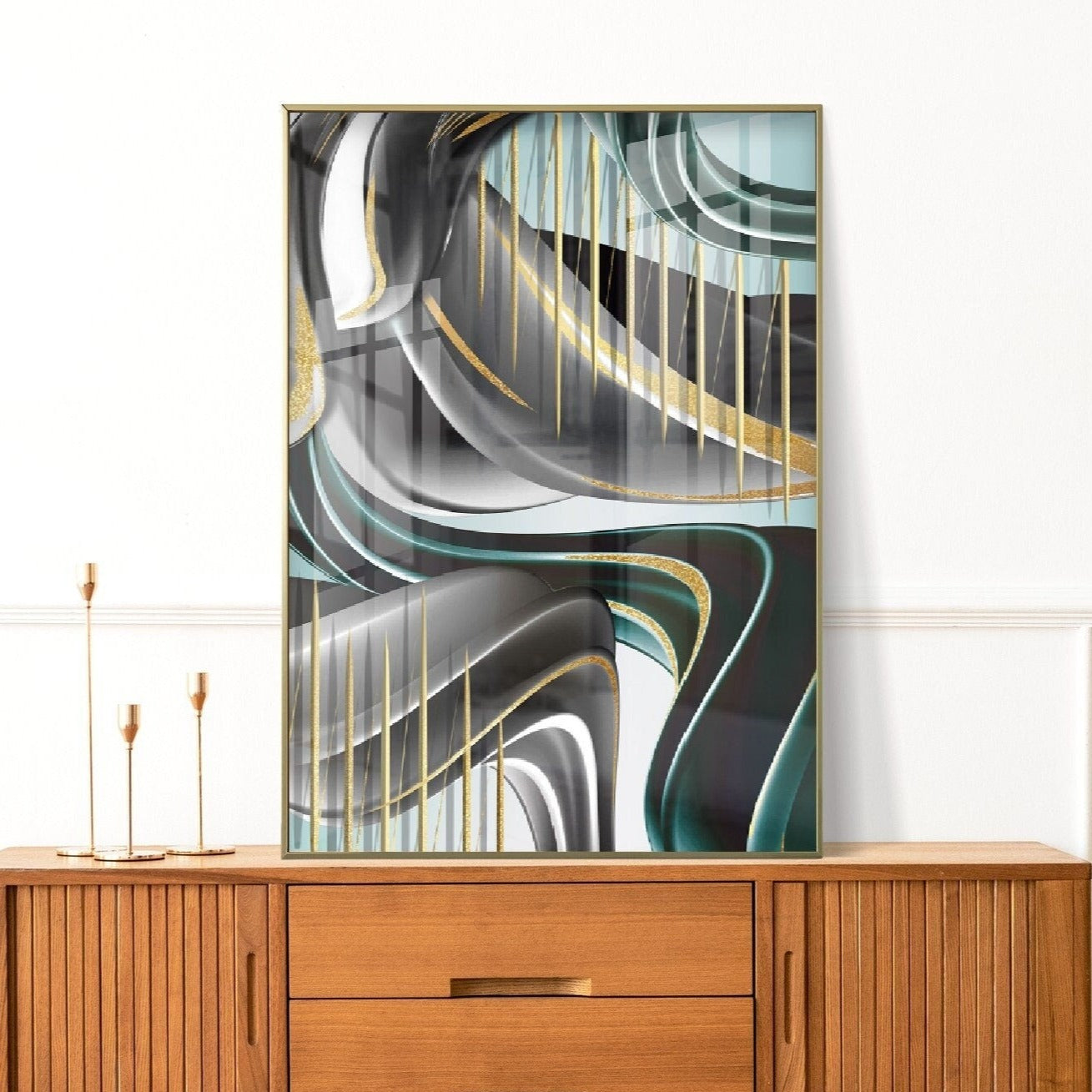 Großes abstraktes gerahmtes Wandbild, schwarz-goldener Leinwanddruck, druckbares Kunstwerk im Floater-Rahmen mit Wellen und Streifen, Wandbild fürs Wohnzimmer