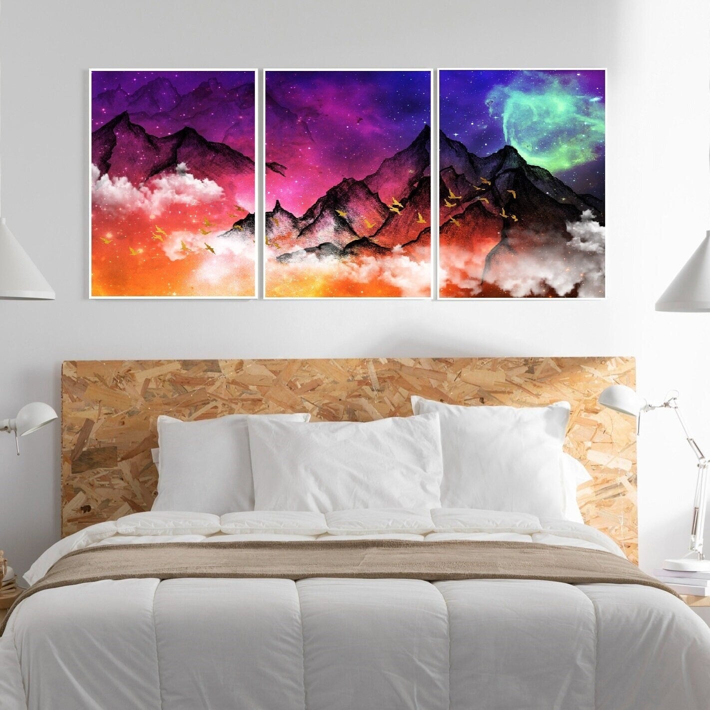 3er-Set farbenfrohe Natur-Wandbilder im Floater-Rahmen, extra großes gerahmtes Landschaftsbild, Berge-Wandbild, moderner Leinwanddruck fürs Wohnzimmer