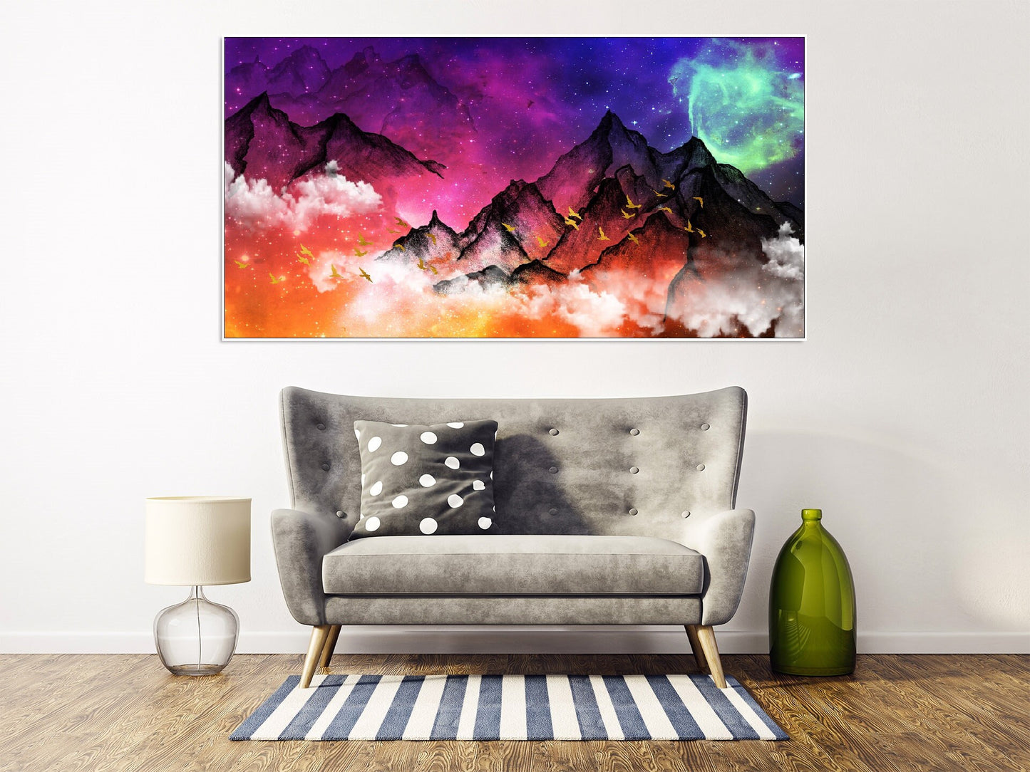 Large colorful fantasy floating frame wall art, smoky mountains canvas print, multicolored printable framed living room hanging wall decor