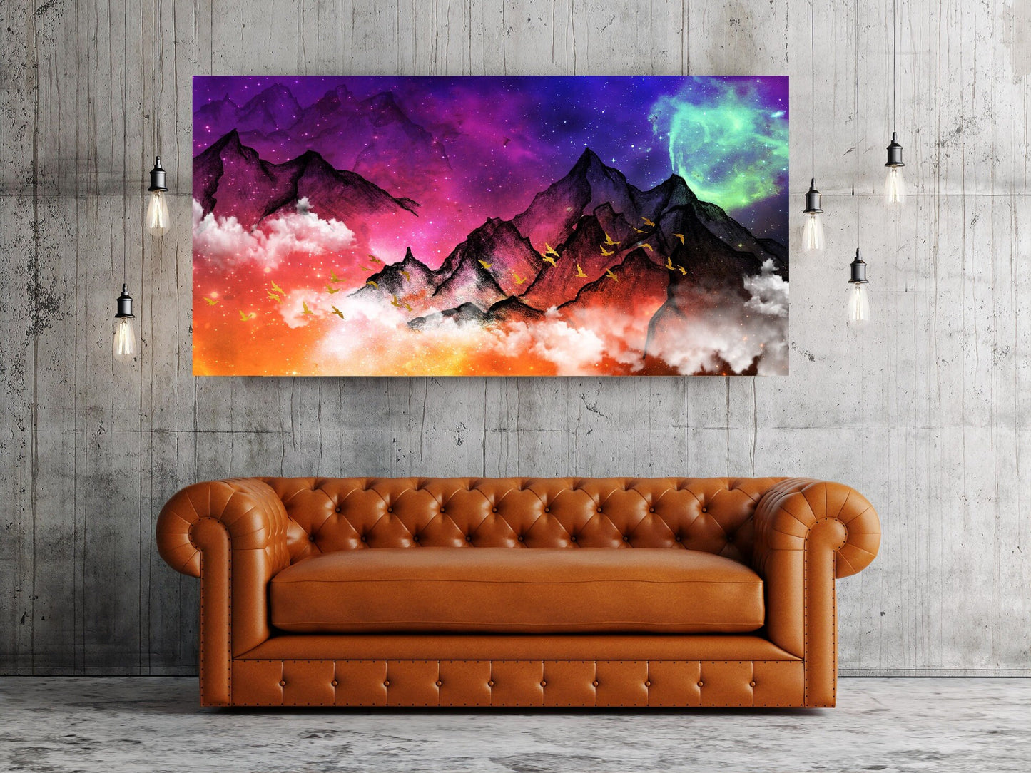 Large colorful fantasy floating frame wall art, smoky mountains canvas print, multicolored printable framed living room hanging wall decor