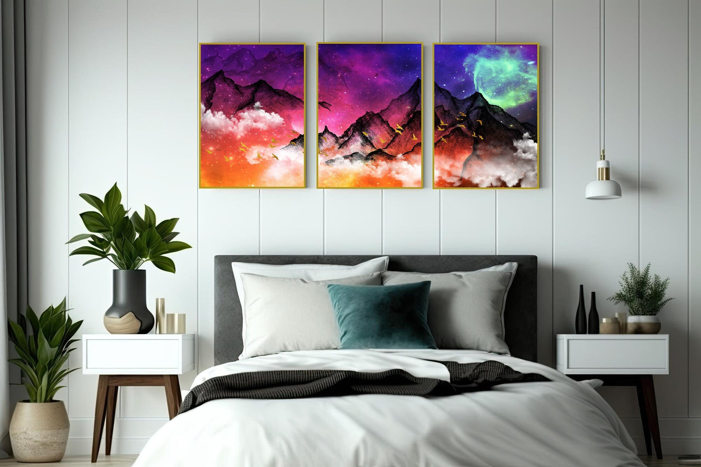 3er-Set farbenfrohe Natur-Wandbilder im Floater-Rahmen, extra großes gerahmtes Landschaftsbild, Berge-Wandbild, moderner Leinwanddruck fürs Wohnzimmer