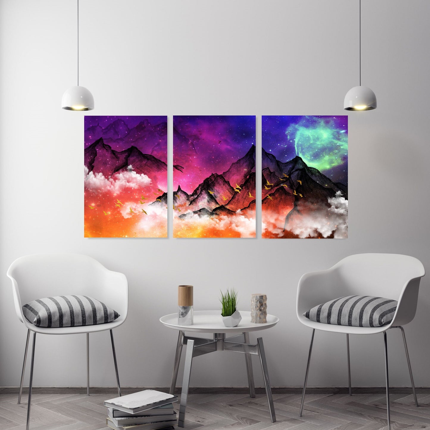 3er-Set farbenfrohe Natur-Wandbilder im Floater-Rahmen, extra großes gerahmtes Landschaftsbild, Berge-Wandbild, moderner Leinwanddruck fürs Wohnzimmer