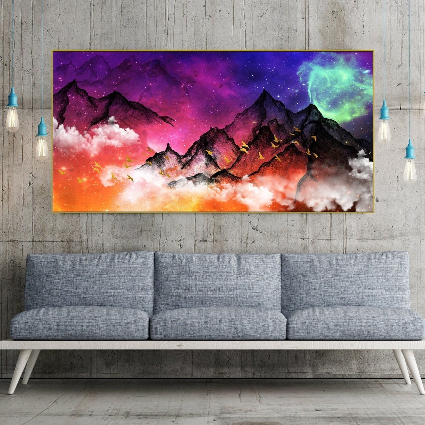 Large colorful fantasy floating frame wall art, smoky mountains canvas print, multicolored printable framed living room hanging wall decor