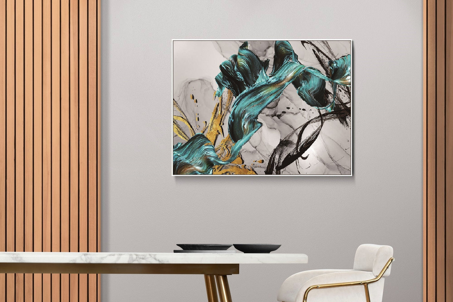 Abstrakte druckbare Wandkunst, weiß-blaues schwebendes Rahmenbild, extra großer moderner Leinwanddruck, zeitgenössisches Schlafzimmer-Wanddekor