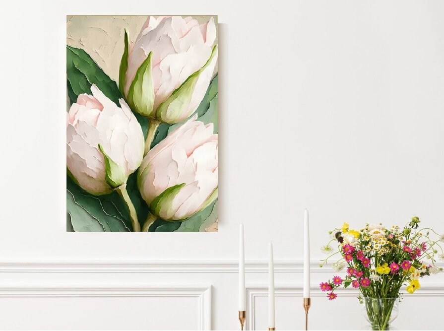 Großes florales gerahmtes Wandbild, Tulpen-Leinwanddruck im Floater-Rahmen, vertikales Ölgemälde zum Aufhängen als Wanddekoration, druckbares botanisches Kunstwerk