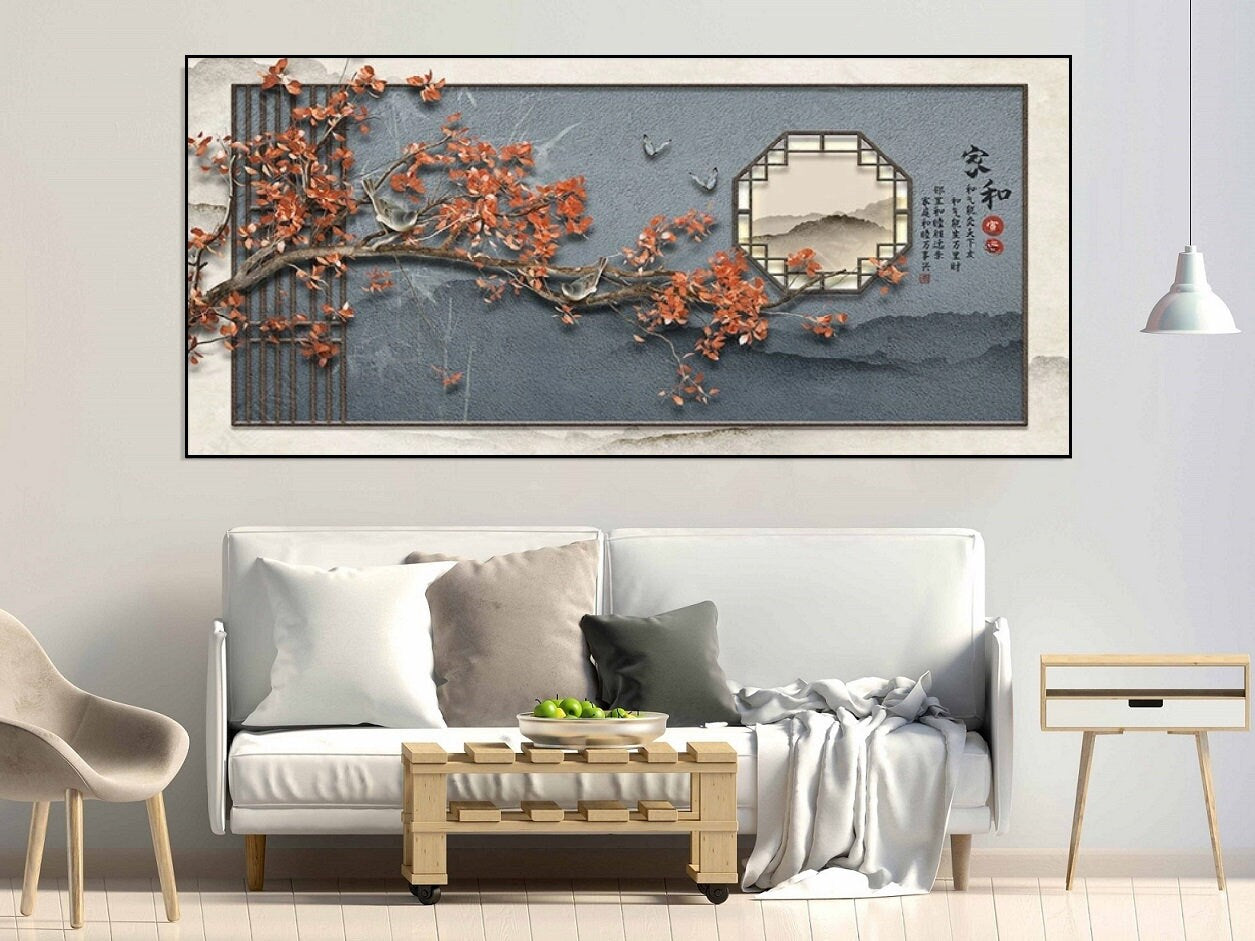 Large Japanese canvas print, framed asian wall art, grey white hanging wall decor, floater frame artwork, printable sakura wall art