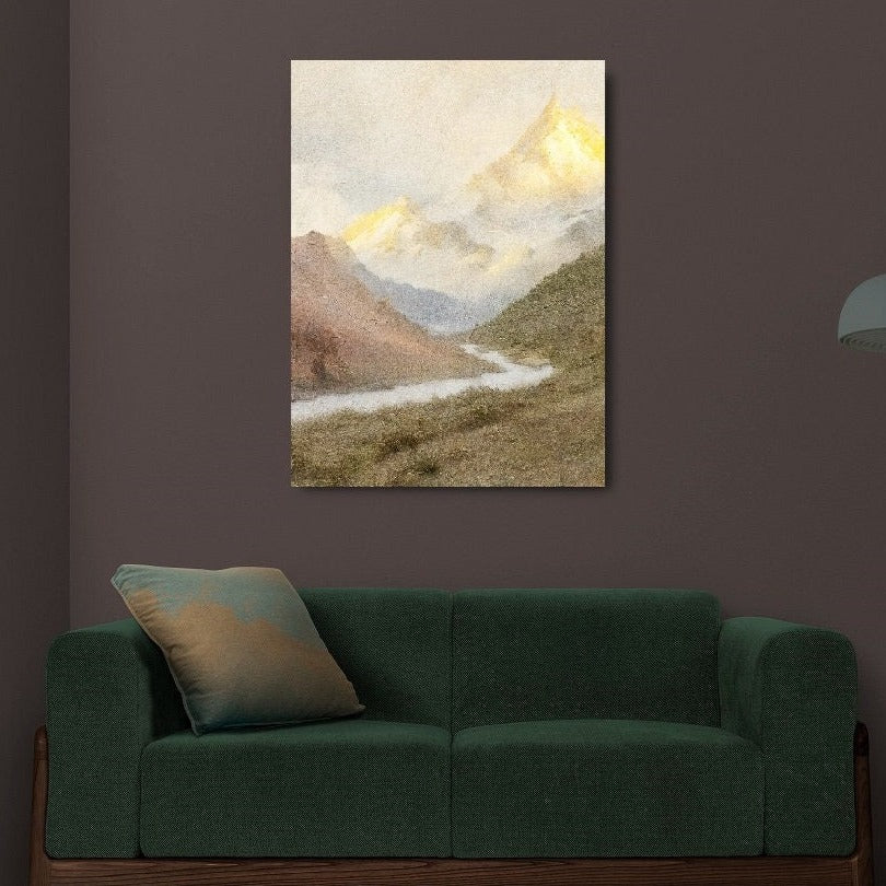 Großes Bergwandbild, Natur-Leinwanddruck im Floater-Rahmen, Wanddekoration mit Landschaftsmotiv, druckbares Kunstwerk fürs Wohnzimmer, trendiges Geschenk