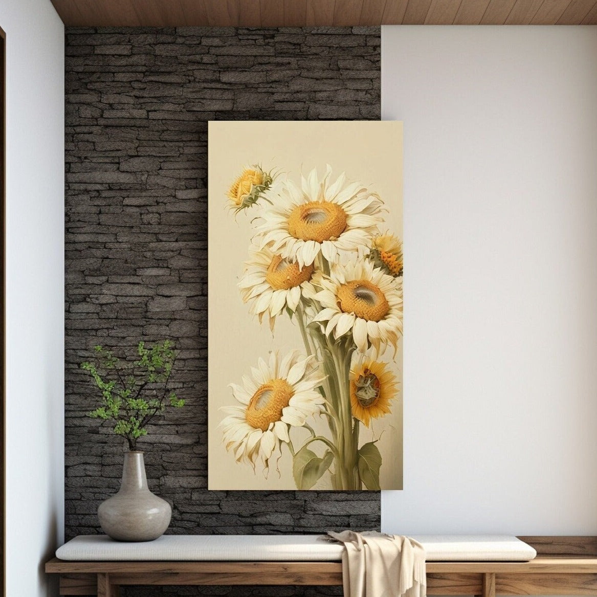 Gerahmte Wandkunst mit Kamille, großes botanisches Kunstwerk im schwebenden Rahmen, druckbare Blumen-Wandkunst, vertikaler floraler Leinwanddruck fürs Schlafzimmer