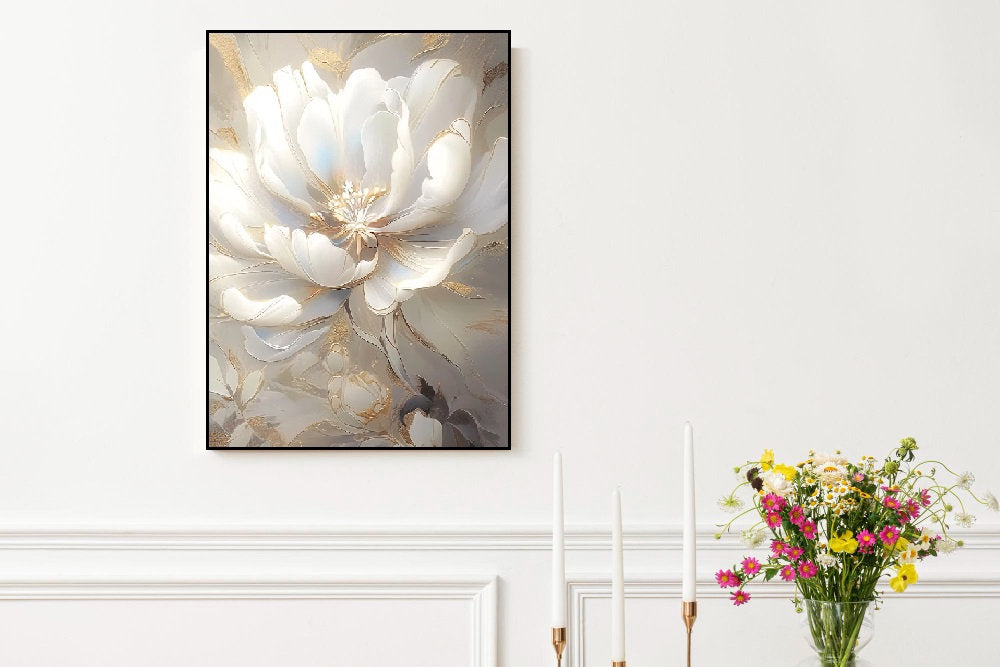 Großes Blumen-Wandbild, großer floraler Leinwanddruck, weißes Wildblumen-Kunstwerk, Ölgemälde-Wandbild im schwebenden Rahmen, botanisches Schlafzimmer-Kunstwerk