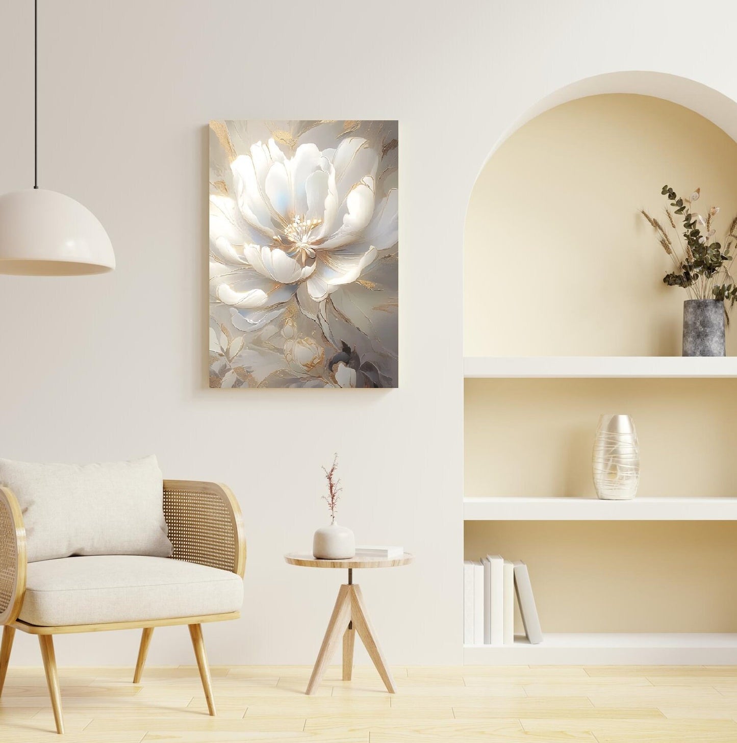 Großes Blumen-Wandbild, großer floraler Leinwanddruck, weißes Wildblumen-Kunstwerk, Ölgemälde-Wandbild im schwebenden Rahmen, botanisches Schlafzimmer-Kunstwerk