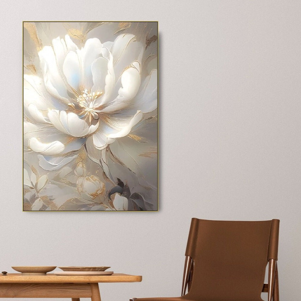 Großes Blumen-Wandbild, großer floraler Leinwanddruck, weißes Wildblumen-Kunstwerk, Ölgemälde-Wandbild im schwebenden Rahmen, botanisches Schlafzimmer-Kunstwerk
