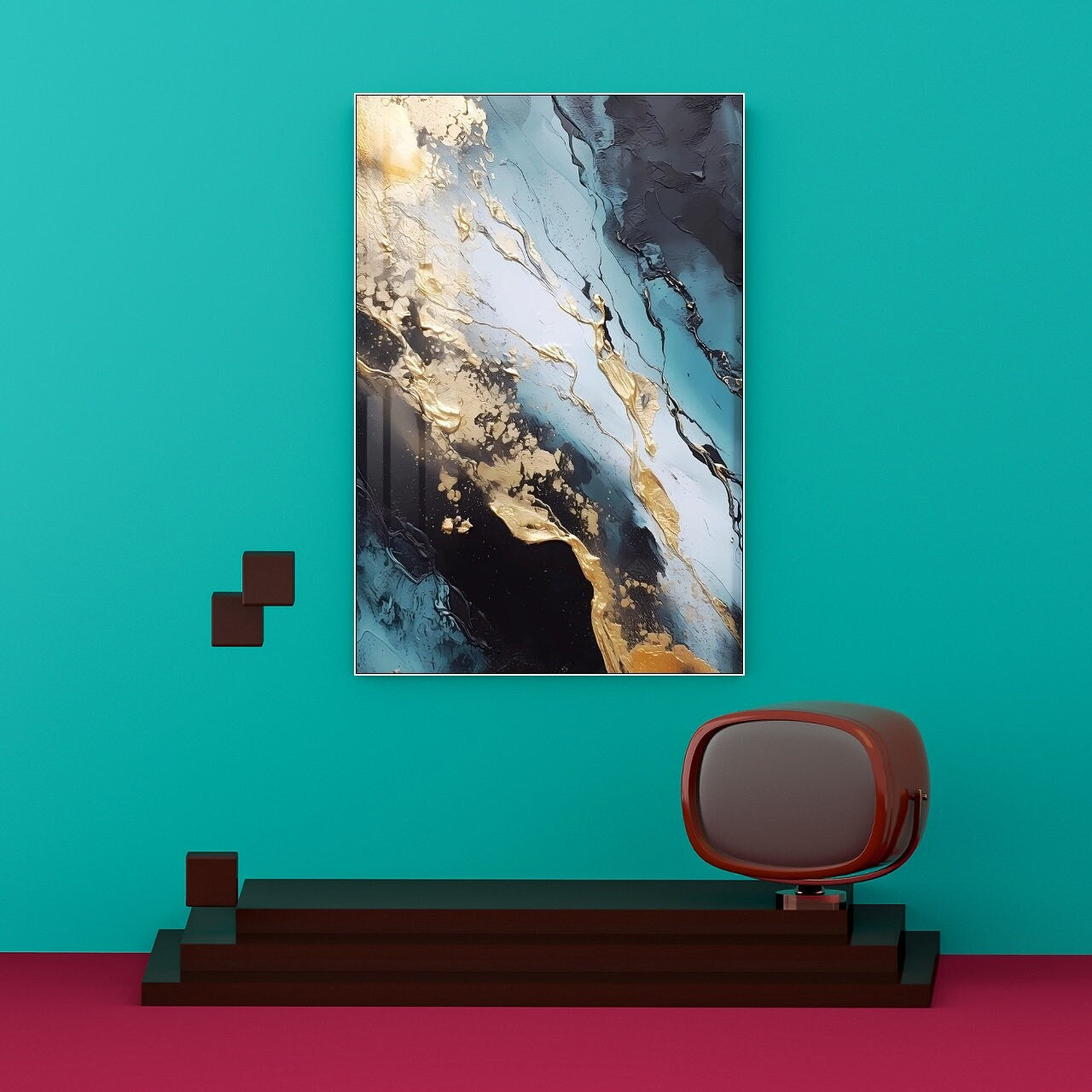 Abstraktes druckbares Kunstwerk, schwebender Rahmen, Marmor-Wandkunst, moderner gerahmter Leinwanddruck, blau-goldene Wohnzimmer-Wandkunst, Kunstwerk zum Verschenken