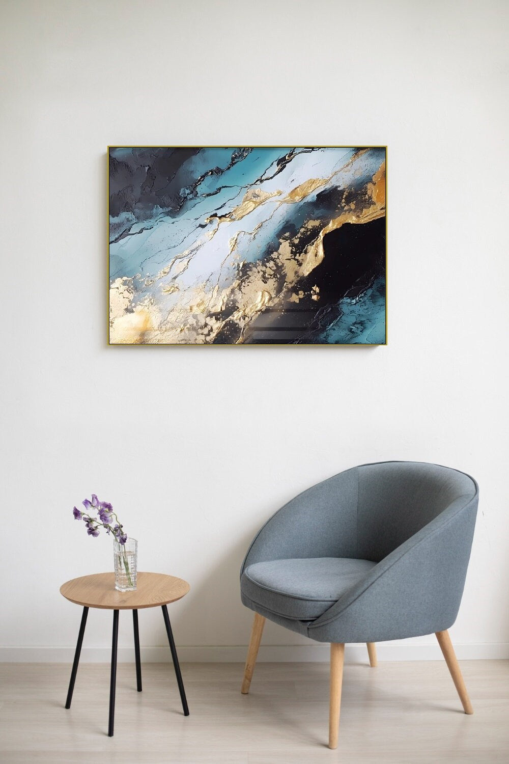 Abstraktes druckbares Kunstwerk, schwebender Rahmen, Marmor-Wandkunst, moderner gerahmter Leinwanddruck, blau-goldene Wohnzimmer-Wandkunst, Kunstwerk zum Verschenken