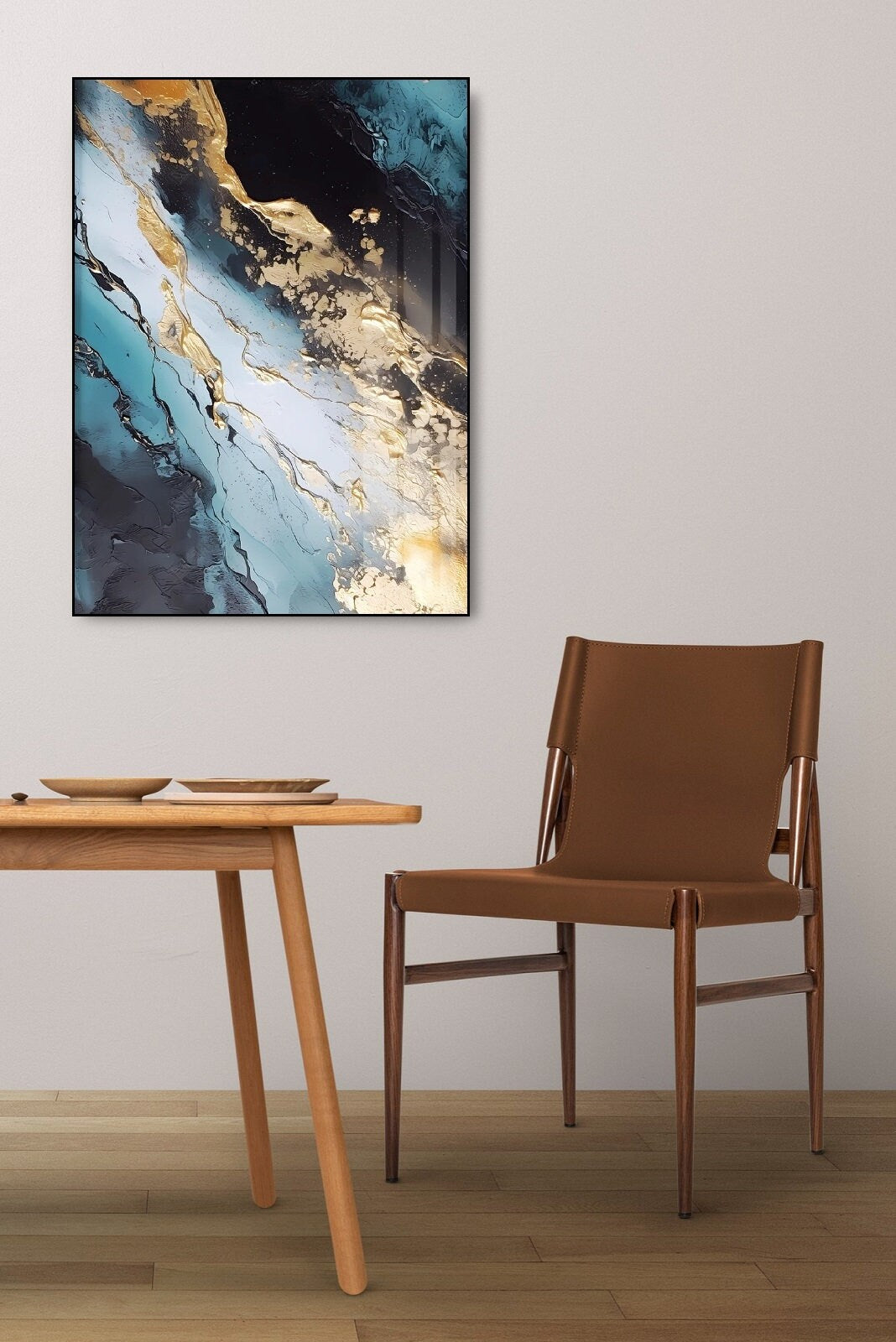 Abstraktes druckbares Kunstwerk, schwebender Rahmen, Marmor-Wandkunst, moderner gerahmter Leinwanddruck, blau-goldene Wohnzimmer-Wandkunst, Kunstwerk zum Verschenken