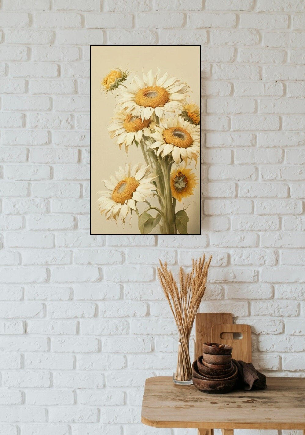 Gerahmte Wandkunst mit Kamille, großes botanisches Kunstwerk im schwebenden Rahmen, druckbare Blumen-Wandkunst, vertikaler floraler Leinwanddruck fürs Schlafzimmer