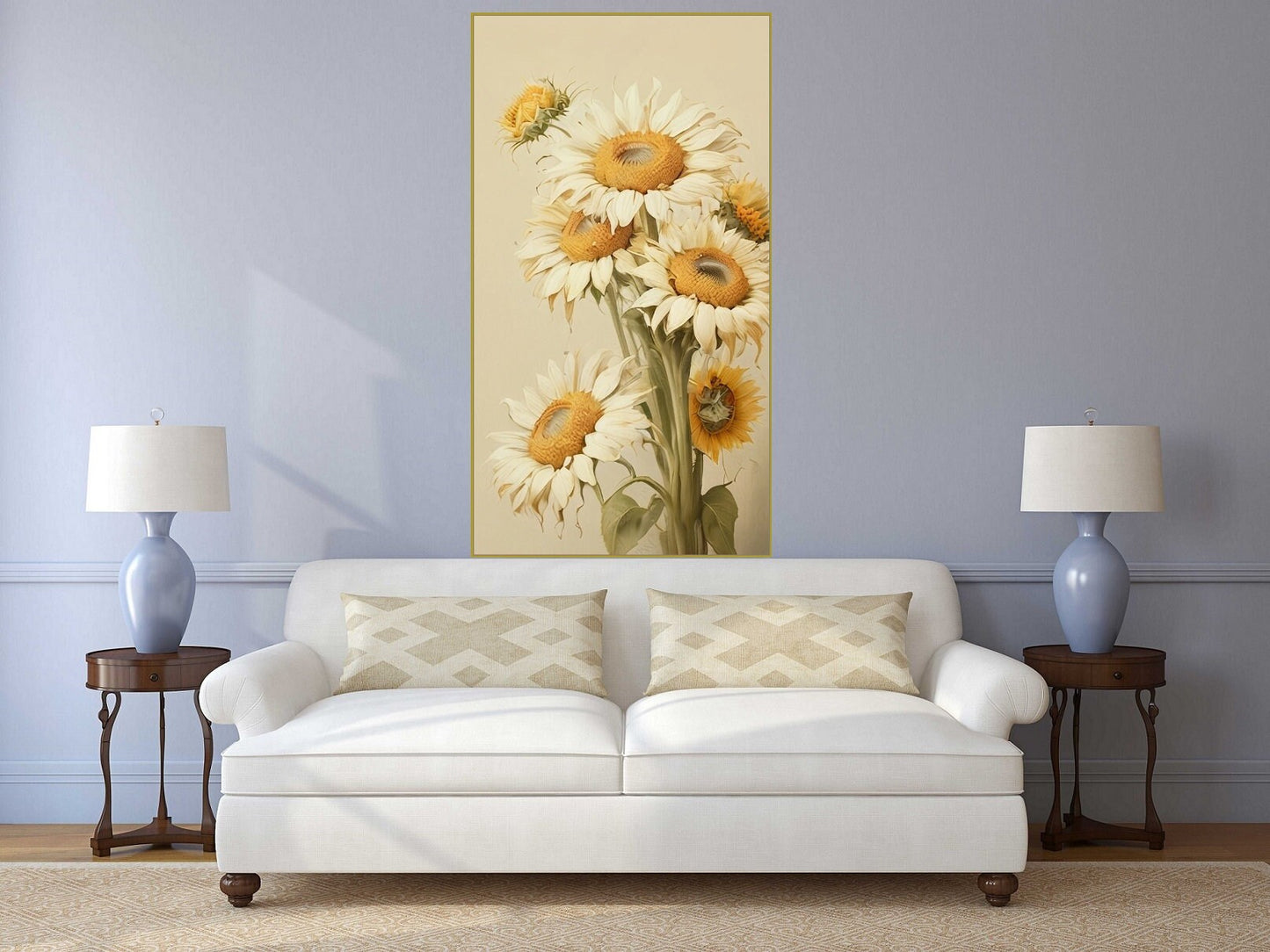 Gerahmte Wandkunst mit Kamille, großes botanisches Kunstwerk im schwebenden Rahmen, druckbare Blumen-Wandkunst, vertikaler floraler Leinwanddruck fürs Schlafzimmer