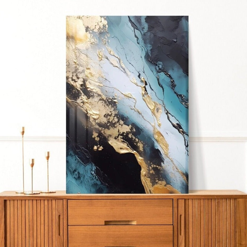 Abstraktes druckbares Kunstwerk, schwebender Rahmen, Marmor-Wandkunst, moderner gerahmter Leinwanddruck, blau-goldene Wohnzimmer-Wandkunst, Kunstwerk zum Verschenken