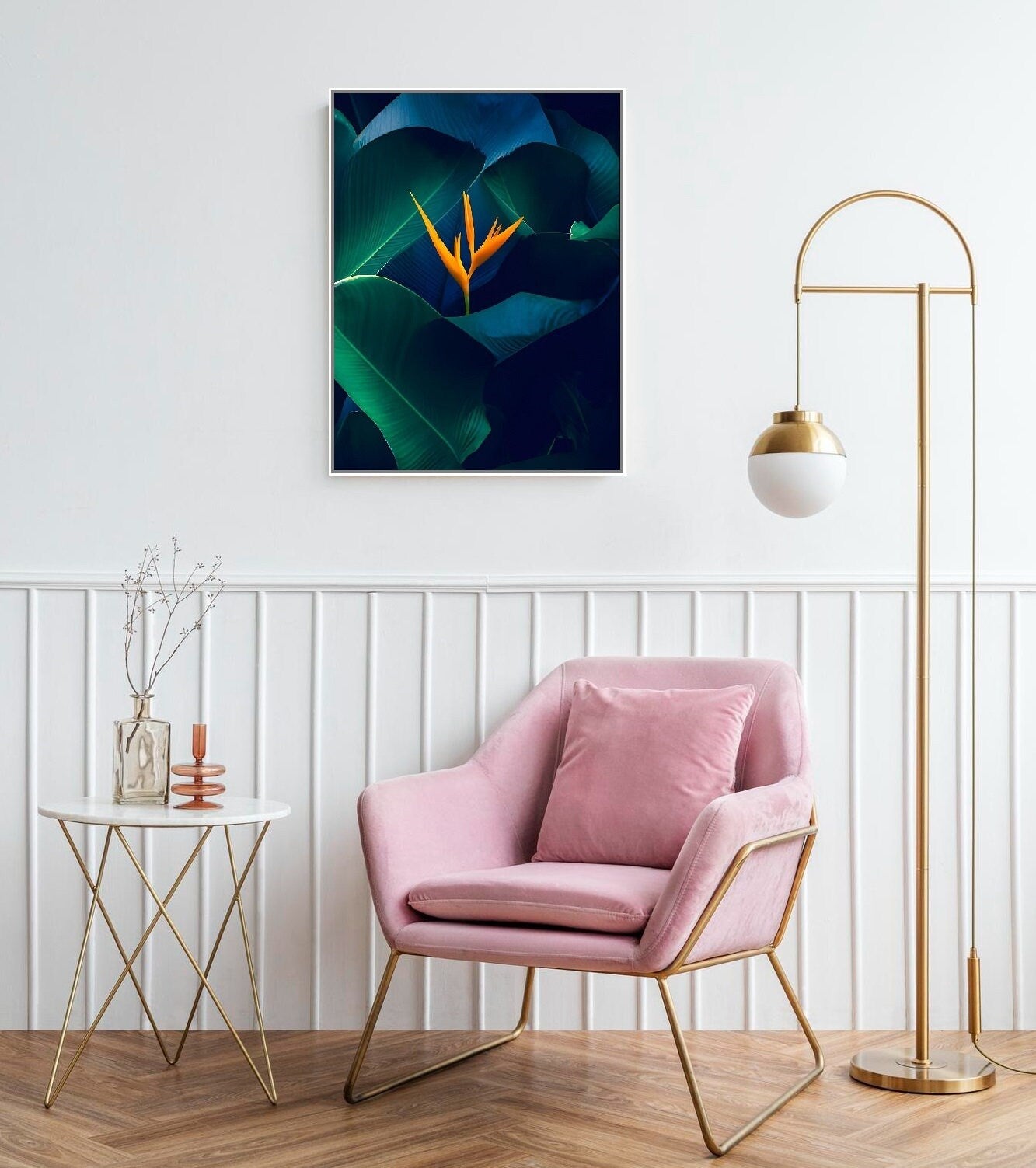 Botanische Wandkunst, großer Leinwanddruck mit Bananenblättern, florales Floater-Rahmen-Kunstwerk, grüne tropische Wandkunst, modernes Wohnzimmer-Kunstwerk