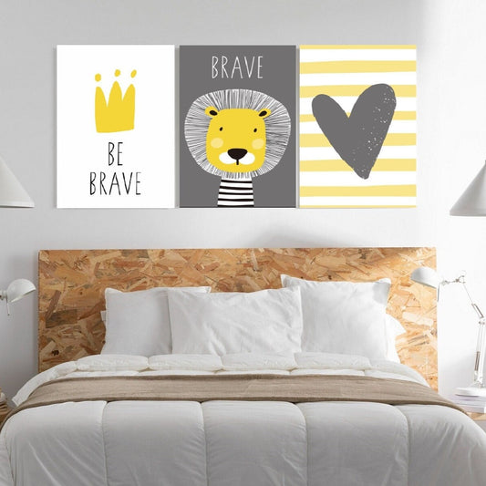 Großes Wandkunstwerk fürs Kinderzimmer, graugelber Leinwanddruck für Kinder, dreier Set Kunstwerke für Kinder, Wandkunst für Schlafzimmer im Floater-Rahmen, inspirierendes Kunstwerk