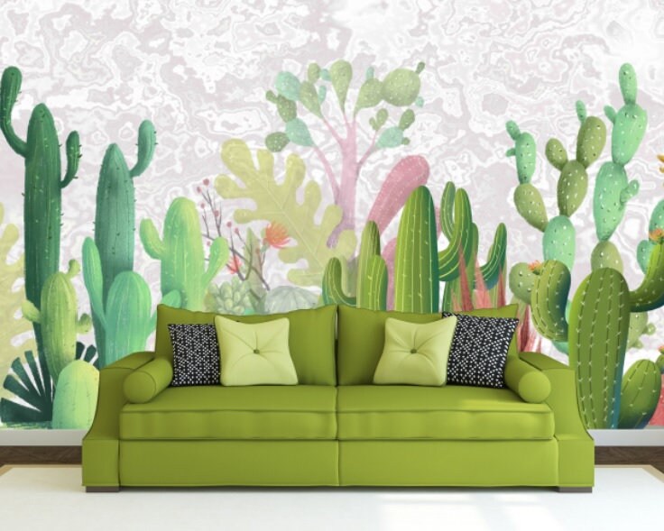 Cactus wall art Cactus print Tropical wallpaper Leaf Removable wallpaper Textured wallpaper fabric wallpaper modern wallpaper