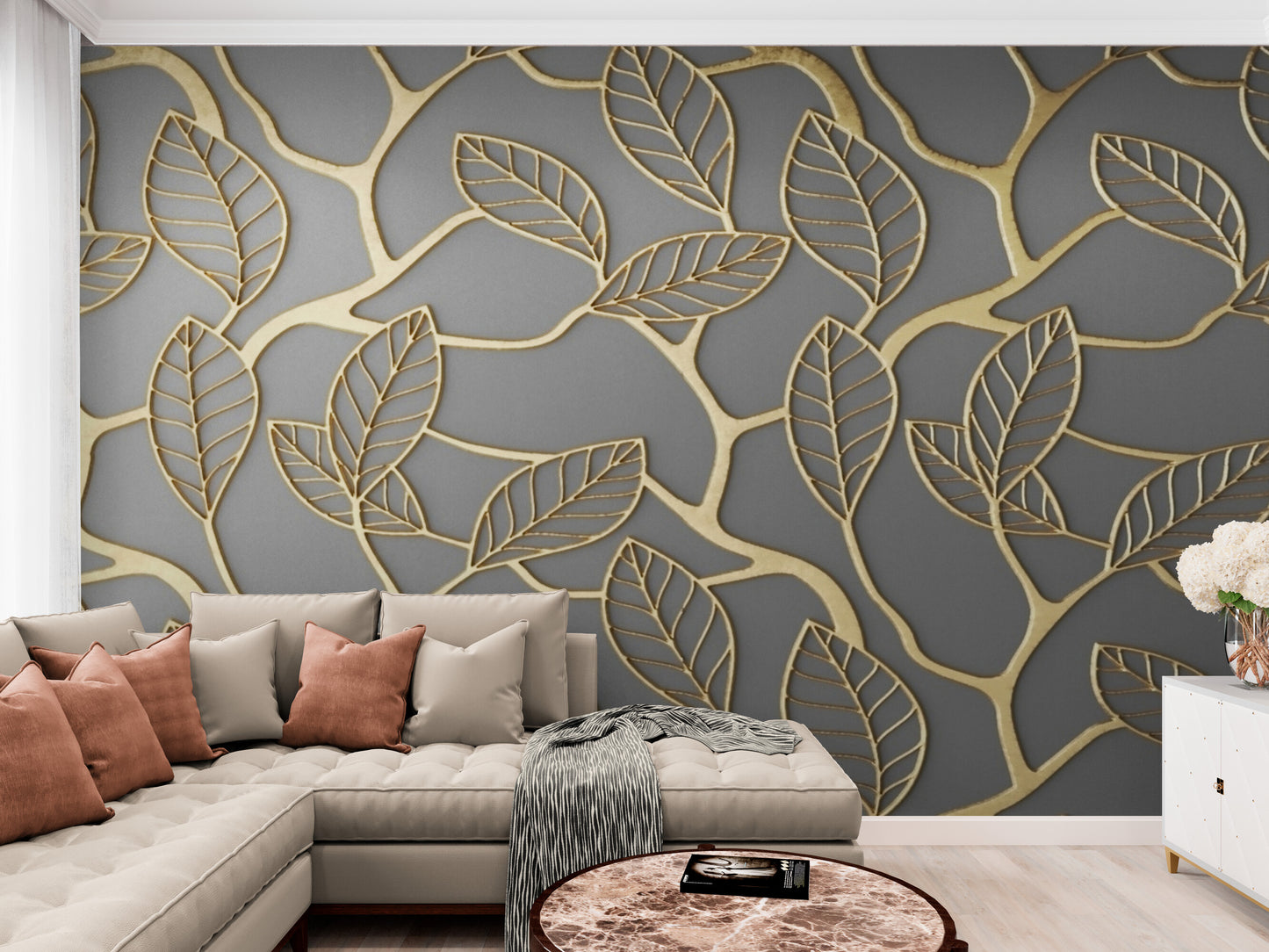 Golden leaves wall mural, abstract grey and gold wallpaper, botanical peel and stick wall mural, removable wallpaper, self adhesive wall mural for bedroom