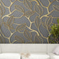 Golden leaves wall mural, abstract grey and gold wallpaper, botanical peel and stick wall mural, removable wallpaper, self adhesive wall mural for bedroom