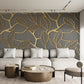 Golden leaves wall mural, abstract grey and gold wallpaper, botanical peel and stick wall mural, removable wallpaper, self adhesive wall mural for bedroom