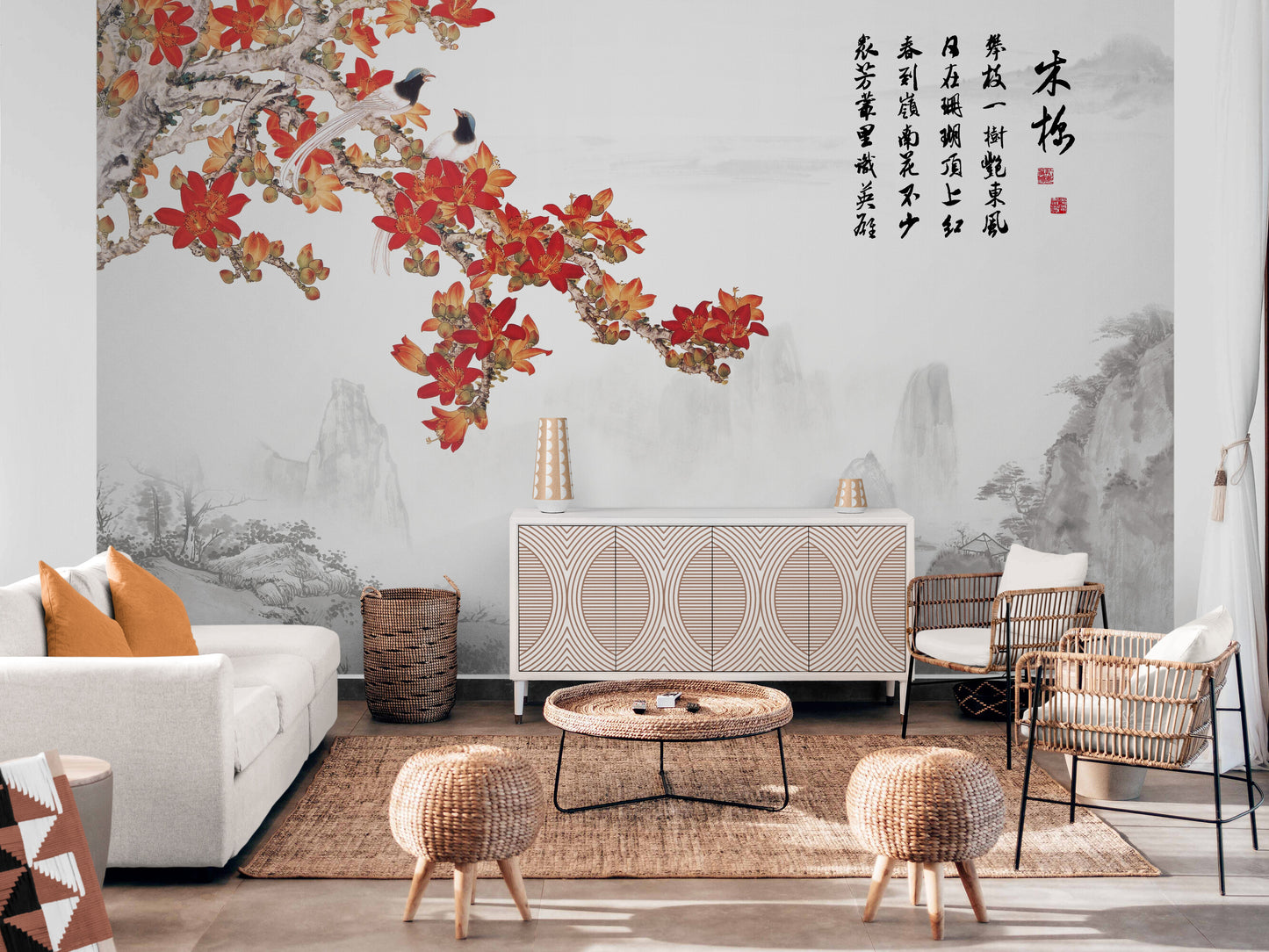 Oriental floral wallpaper peel and stick, sakura blossom wallpaper mural, chinoiserie self adhesive wall mural, wallpaper with hieroglyphs