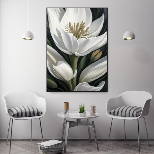 Large flower wall art, printable white flowers floating frame canvas artwork, botanical hanging wall decor, green white floral wall artg room wall art (Copy)