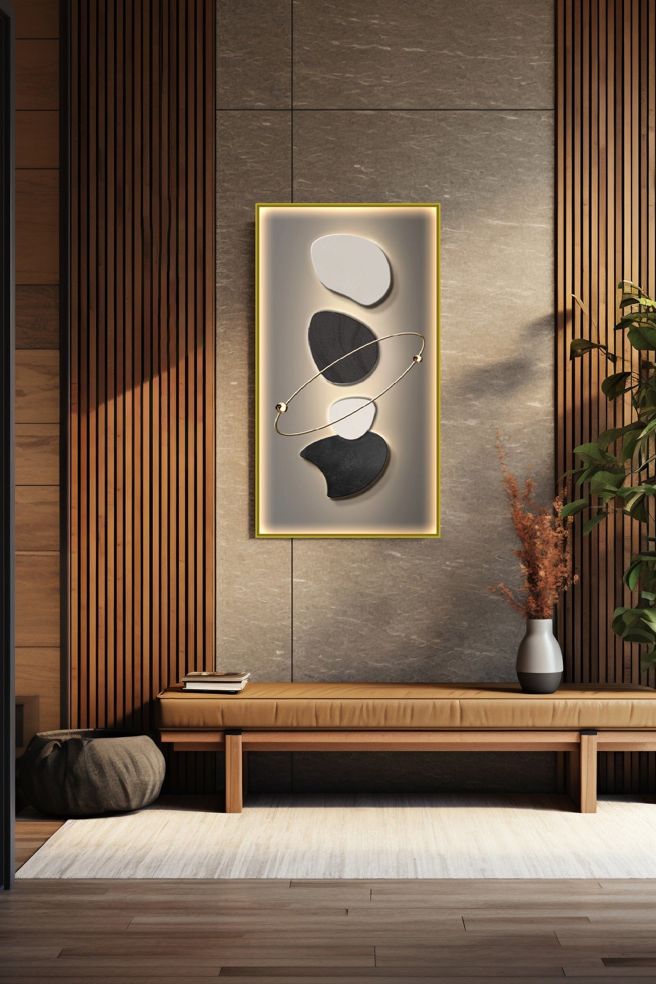 Abstract wall hanging decor, large floater frame wall art with stones, contemporary canvas print, modern framed living room wall art