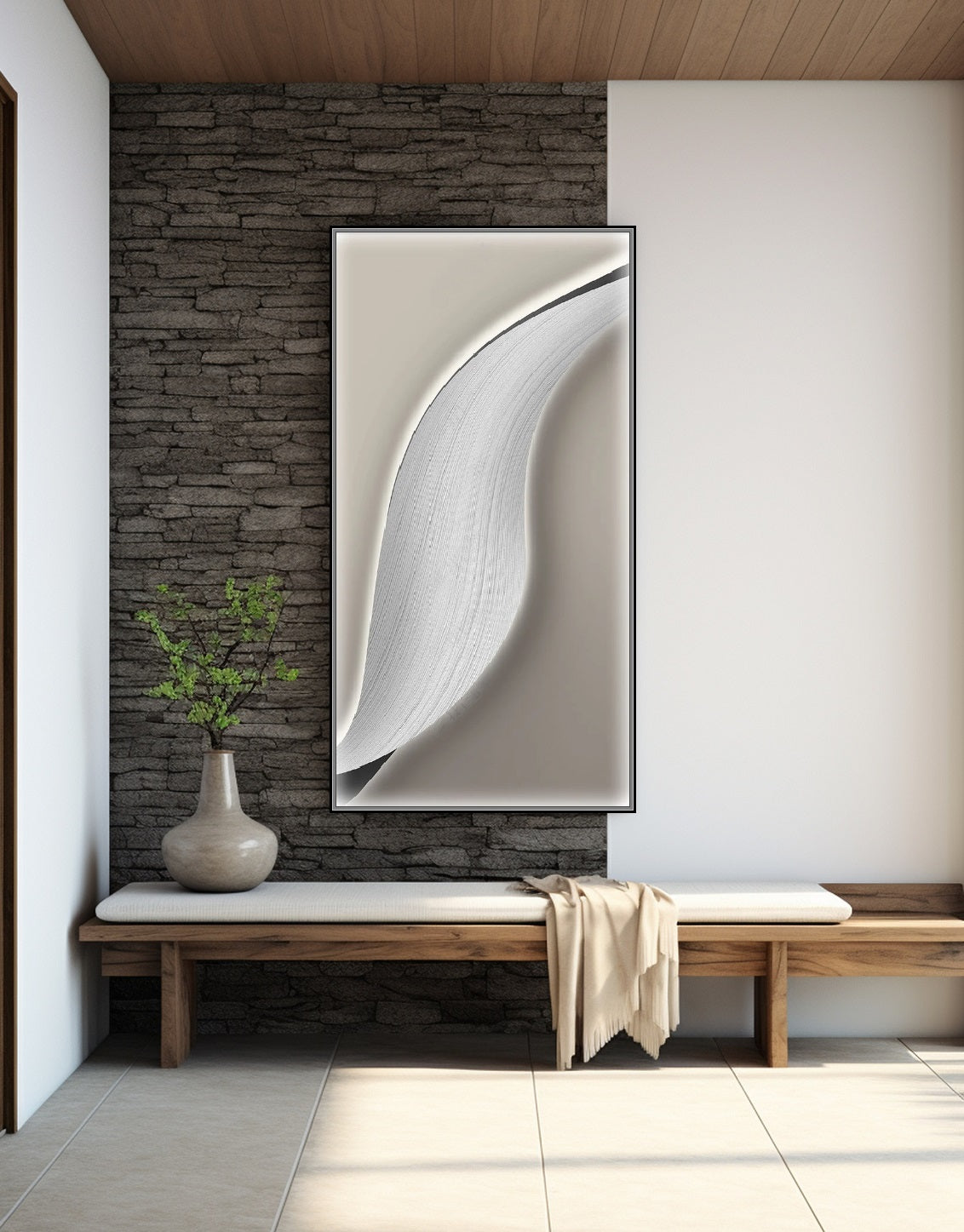 Framed abstract wall art, large wave canvas print, grey floating frame wall art, printable bedroom hanging wall decor, modern artwork